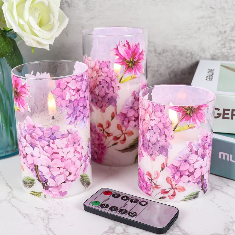 DRomance Pink Hydrangea Glass Flameless Candles with Remote Timer Battery