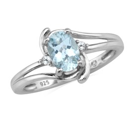 Silvershake 7X5mm Genuine Oval Shape Aquamarine and White Topaz 925 Sterling Silver Ring Size 6