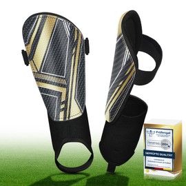 Children's Football Shin Pads - Test Angel Certified Black Gold Shin Pads Children with Ankle Protection & Adjustable Straps Shin Pads Football, 3 Fixed Designs for Protection