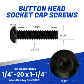 Fastenere Button Head Socket Cap Screws - 1/4-20 x 1-1/4" (50-Pcs) Alloy Steel, Fully Threaded, Fine Black Oxide Finish, Corrosion-Resistant, Machine Thread, Easy to Install w/Allen Hex Drive