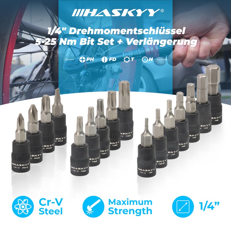 HASKYY Torque Wrench 1/4 Inch 5-25Nm Set Bits PH1-2-3, FD4,