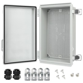 LeMotech Electrical Box, IP67 Waterproof Hinged Cover Stainless Steel Latch Junction Box, ABS Plastic Electrical Enclosure with Mounting Plate,Wall Brackets, Cable Glands, 10.2"x6.3"x3.9", Grey