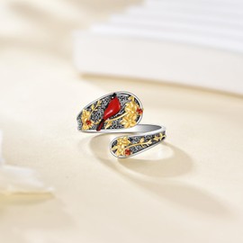 YAFEINI Cardinal Spoon Ring Sterling Silver Adjustable Red Bird Ring Mother's Day Jewelry for Women Mom