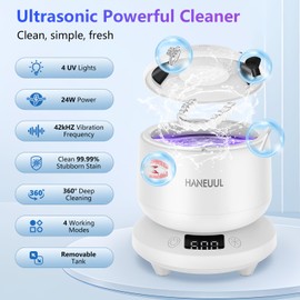 2025 Ultrasonic Retainer Cleaner for Dentures & Aligner, Durable Removable Base and Top Cover, Denture Cleaner Machine with 4 Modes for Mouth Guards, Jewelry, Rings, etc (White)