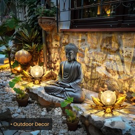 GIGALUMI Solar Lights Outdoor Garden Decor, Adjustable Metal Petal Lotus Flower Lights Crackle Globe Glass Lantern Outdoor Table Decor Waterproof for Patio, Lawn, Pathway, Pond, Christmas Gift