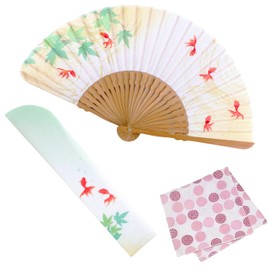 Osaka Choseido Folding Fan, Women's, Stylish, Business, Folding Bag, Handkerchief Included, Summer Cool (Green), beige navy