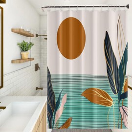 Umpoo Mid Century Shower Curtain 72x84 Inch Tropical Leaves Boho Sun Abstract Ocean Aesthetic Minimalist Modern Bathroom Decor Set Fabric Waterproof Polyester Accessories with Hooks