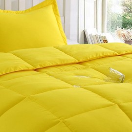 3 Pc Adorable Lemon Yellow King Size Comforter Set Heavy-Duty Box Stitched Square Pattern Soft Bedding Sets Casual Elegant Look Down Alternative Comforter All-Season Perfect Look Cozy Fluffy Comforter