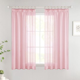 Woaboy Curtains with Ruffle Tape, Short Window Voile Curtains, Living Room, Transparent Sheer Curtains, Store Curtain, Bedroom, Modern Loop Curtains, Set of 2, 140 x 145 cm (W x H), Pink