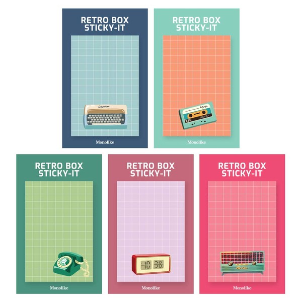 Monolike Retro Box Sticky Retro Box Sticky-it - Set of 5 Sticky Memo Papers, 50 Sheets of Different Designs