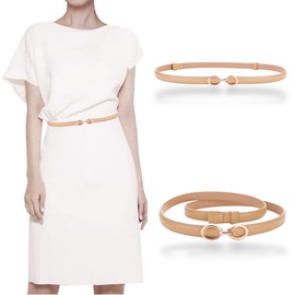 Women's Dress Belt Skinny Slim Soft Genuine Leather Belts Smooth Gold Buckle Adjustable 22"-36" Waistband,, 3-pack, Black, White & Beige, Adjustable