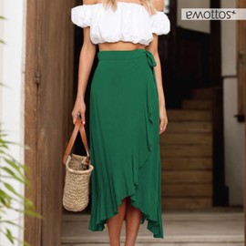 EMOTTOS One-Piece Lace-up Long Skirt, Bohemia High Waisted Wrap Midi Skirts for Women, Boho A-Line Irregular Design Ruffle Split Hem Flowy Skirt for Ladies, Green, M