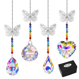 MerryNine クリスタルサンシャインキャッチャー カラフルなハート/ピパ/ロンガン/クリスタルプリズムボール+バタフライペンダント 窓辺 レインボーハンギング ホームガーデン 窓 車の装飾 クリスマスツリーデコレーション 4個
