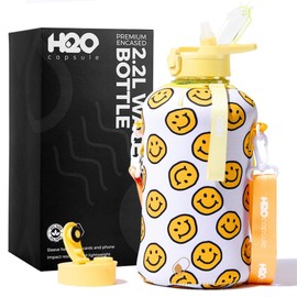 H2O Capsule 2.2L Half Gallon Water Bottle with Storage Sleeve and Covered Straw Lid – BPA Free Large Reusable Drink Container with Handle - Big Sports Jug, 2.2 Liter (74 Ounce) Happy Day