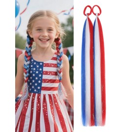 Colored Hair Extensions Red White Blue Ponytail Extension Colorful 2 Packs, 20 inch Crazy Hair Day Accessories for Women, DIY Festival Wacky Rave Braids,Tinsel Mixed
