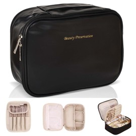 Women's Cosmetic Bag, Toiletry Bag with Handle, Travel Cosmetic Organiser Bag, Waterproof Makeup Bag, Large Make Up Bag, Travel Cosmetic Case with Makeup Brush Compartment, black, Cosmetic case