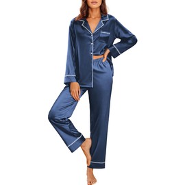 Ekouaer Satin Pajama Set for Women Silky Sleepwear Long Sleeve Top and Pants Button Down Pjs Lounge Set Navy Blue