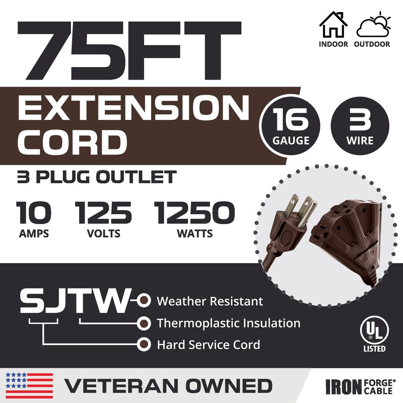 Iron Forge Cable 75ft Brown Outdoor Extension Cord with 3