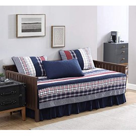 Chezmoi Collection Milton 5-Piece Plaid Checkered Patchwork Striped Quilted 100% Washed Cotton Reversible Quilt Set, Daybed Size