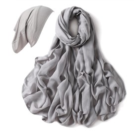 Faticinfa - Juego de gorro de hiyab de viscosa con color maching, hiyab de algodón con bufanda interior de moda, Gris, 185x85CM