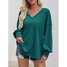 Fisoew Womens Oversized Sweatshirts Casual V Neck Lantern Long Sleeve Shirts Loose Fall Tunics Pullover Tops Dark Green