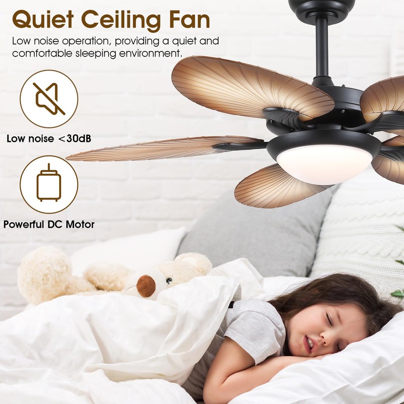 Tropical Ceiling Fans with Lights, 44 Inch Palm Leaf Outdoor