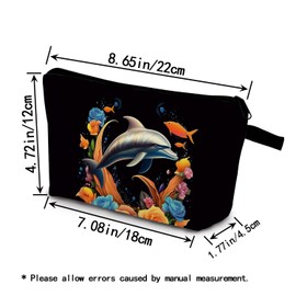 YULUENZE Dolphin Present Floral Dolphin Makeup Bag Cute Small Organizer Bag with Zipper Lovely Coral Dolphins Cosmetic Bag Birthday Presents for Dolphin Lovers Women Sisters Friends