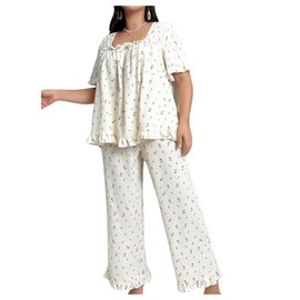 OYOANGLE Women's Plus Size Pajama Set Floral Short Sleeve Sleepwear Ruffle Pants 2 Piece Pjs Lounge Set Apricot 4XL