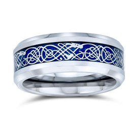 Bling Jewelry Blue Silver Tone Celtic Knot Dragon Inlay Couples Titanium Wedding Band Rings for Men for Women Comfort Fit 8MM