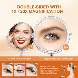 PIMPLEGO Makeup Mirror, 20X Magnifying Mirror with with Stand, Double Sided 1X & 20X Magnifying Mirror 360° Rotation for Bathroom or Bedroom, 8.6 Inches