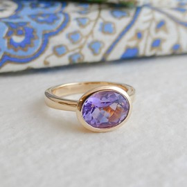 Oval Amethyst vergoldet 925 Silber Ring - Natürlicher Edelstein - Geburtstagsgeschenk - Weihnachtsgeschenk - Handgefertigte Geschenkideen für Frauen (US Size 9 / Diameter 19)