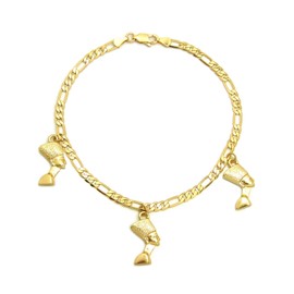 Fashion 21 Women's Cross, Ankh, Queen Nefertiti Piece 10" Figaro Chain Anklet Foot Bracelet in Gold Tone (3 Nefertiti Charms/Figaro)