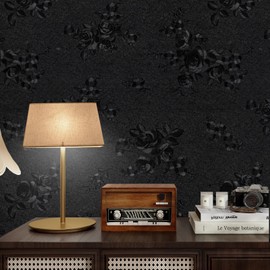Black Flower Wallpaper Peel and Stick, Gothic Black Floral Textured Contact Paper 118"X17.7", Removable Self Adhesive Waterproof Contact Wall Paper for Kitchen Drawers Walls Cabinets | Apdidl