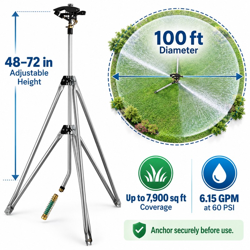 Heavy Duty Tripod Sprinkler with 100 Ft Spray Diameter, 48-72