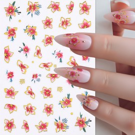 Summer Nail Art Stickers 3D Self-Adhesive Nail Decals Pink Blue Flower Stickers for Nails Designs Cute Flower Manicure Supplies for Women Girls DIY Nail Art Decorations 6 Sheets