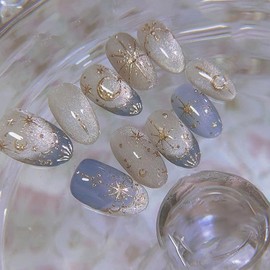 24Pcs French Tip False Nails Short Almond, Glitter Stars & Moon Design Press on Nails with Jelly Glue, Elegant Handmade Artificial Full Cover Fake Nails Set, Natural Acrylic Stick on Nail for Women