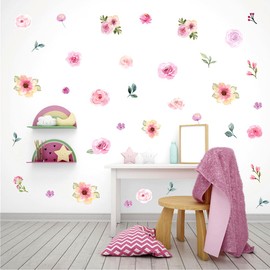 HAKUKU 60 Pegatinas de Pared de Flores, Diseño de Acuarela Pegatinas de Pared Autoadhesivas de Flores Rosas Adecuadas para La Decoración de Habitaciones, Aulas, Fiestas de Bodas