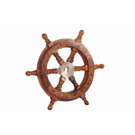 TUP The Urban Port 12" Teak Wood Ship Wheel with Brass Inset and Six Spokes, Brown and Gold