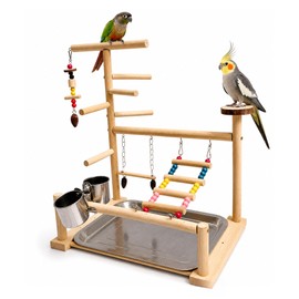 Bird Playground Natural Wood Parrot Stand with Ladder Swing Food Water Bowls Cockatiel Budgie Play Center