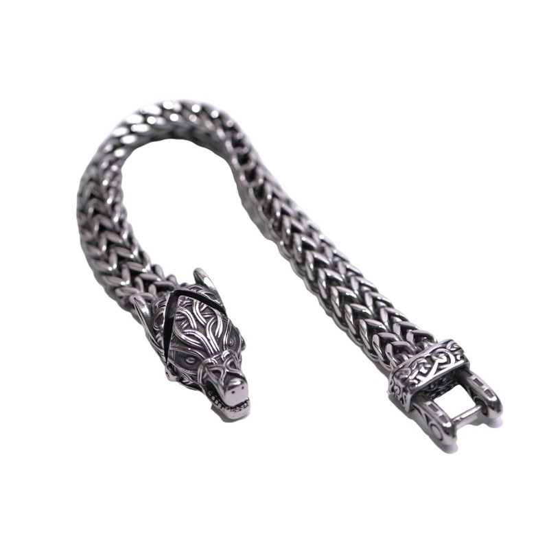 LANGHONG Norse Viking Wolf Bracelet Men's Stainless Steel Mesh Chain