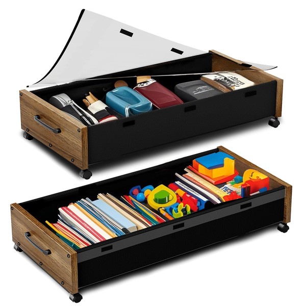 KITHELP Wooden Under Bed Storage with Wheels, 80L Extra-large Rolling