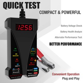 MOTOPOWER MP0514A 12V Digital Car Battery Tester Voltmeter and Charging System Analyzer with LCD Display and LED Indication - Black Rubber Paint