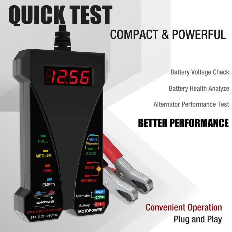MOTOPOWER MP0514A 12V Digital Car Battery Tester Voltmeter and Charging