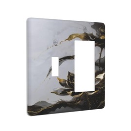 Xuejiaku Light Switch Cover Plate Black Golden Ink painting Abstract Lotus 2 Gang Combo Wallplates Toggle Rocker Decorative Switch Plates and Outlet Covers for Bathroom Bedroom Decor