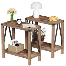 ChooChoo Farmhouse End Table for Small Spaces, Narrow Side End Table with Storage Shelf, Rustic A-Design Nightstand Sofa Table for Living Room, Bedroom (Rustic Brown) 2 Pack