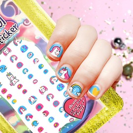 Nail Stickers for Children, Cute Unicorn Floral Pattern, 3D Stick Manicure Set, Character Design, Children's Nail Stickers, 400 Types to Choose from, 10 Rainbow Unicorns, Stars, Princesses, Flower Nail Patterns, Ultra Thin, Layered Reward Stickers, Birth