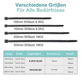 REZOSY Set of 200 Black Cable Ties, 100/150/200/300 mm (50 Pieces of Each), Various Sizes, Super Durable, Self-Locking Cable Ties for Cable Management, Gardening, Living