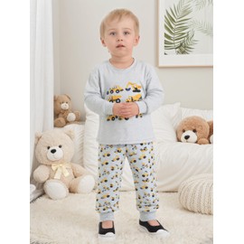 QHKEPW Boys Pyjamas Digger Tractor 2-3 Years Pjs Kids Toddler Sets Cotton Long Sleeve Sleepwear 2 Piece Clothes Outfits Winter Nightwear Grey