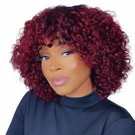 Mjiokii Short Curly Wigs for Black Women Human Hair Glueless with Bangs 99J Burgundy Wig Human Hair Bob with Bang 100% Brazilian Human Hair Bang Wig 180 Density Ombre Wine Red Colored 12 Inch