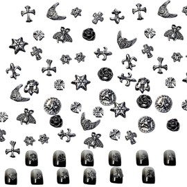 Nail Parts, Cross 96 Pieces Silver Cross Nail Parts Metal Parts Retro Punk Gothic Nail Art Jewelry Deco Parts (Silver)